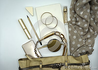 Flat lay composition of beauty products and handbag for women. Stock Photo