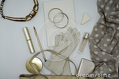 Flat lay composition of beauty products and handbag for women Stock Photo