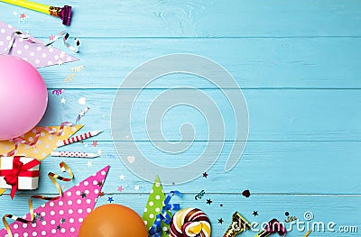 Flat lay composition with birthday party items on blue wooden background Stock Photo