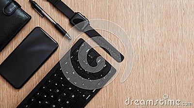 Flat lay composition with black pen, computer keyboard, smart watch, smartphone and leather wallet on a wooden surface. Stock Photo