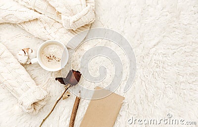 Flat lay composition for blogger, cozy home, hipster morning, Stock Photo