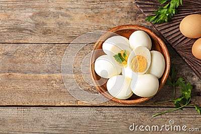 Flat lay composition with boiled eggs and space for text Stock Photo