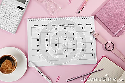 Flat lay composition with calendar on background Stock Photo