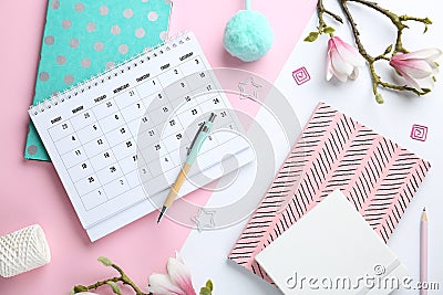 Flat lay composition with calendar and stationery Stock Photo