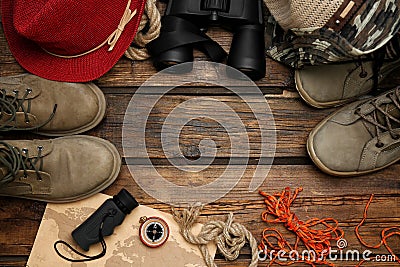 Flat lay composition with camping equipment Stock Photo
