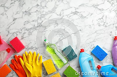 Flat lay composition with cleaning supplies for dish washing and space for text Stock Photo