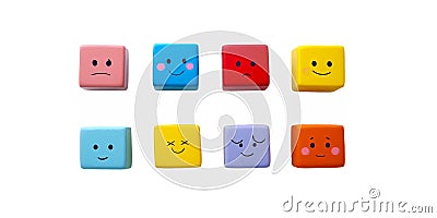 A flat lay composition of colorful cubes, each cube representing a different emotion through , a white background. Stock Photo