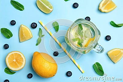 Flat lay composition with delicious natural lemonade Stock Photo