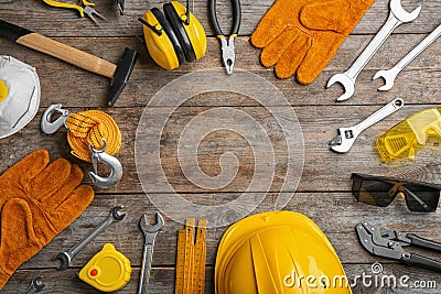 Flat lay composition with different construction tools and space for text on background Stock Photo