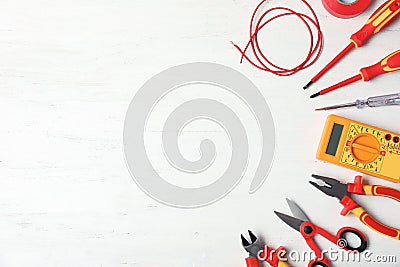 Flat lay composition with electrician`s tools Stock Photo