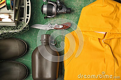 Flat lay composition with fishing equipment o Stock Photo