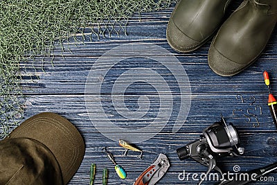 Flat lay composition with fishing equipmen Stock Photo