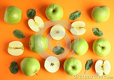 Flat lay composition of fresh ripe green apples on background Stock Photo