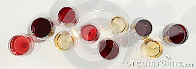 Flat lay composition. Glasses with different wine on white background Stock Photo