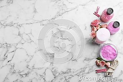 Flat lay composition with handmade rose candle on marble background Stock Photo