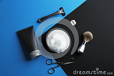 Flat lay composition with men`s cosmetic products on color background. Stock Photo