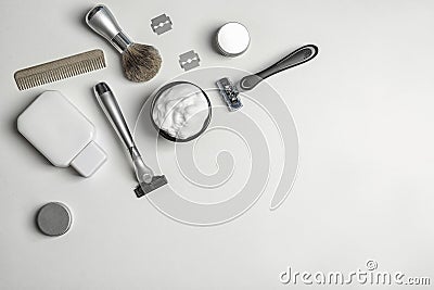 Flat lay composition with men`s shaving accessories and space for text Stock Photo