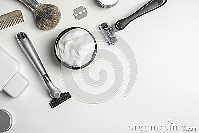 Flat lay composition with men`s shaving accessories and space for text Stock Photo