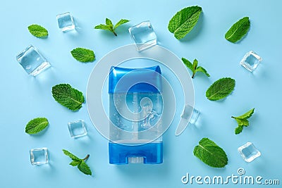 Flat lay composition with natural male deodorant on blue background Stock Photo