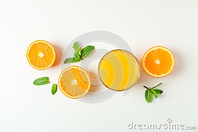 Flat lay composition with orange juice, oranges and mint on white background, space for text. Citrus drink Stock Photo