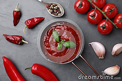 Flat lay composition with pan of chili sauce and ingredients Stock Photo