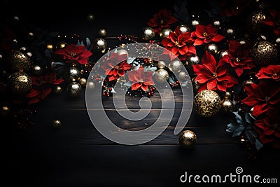 Flat lay composition with poinsettias and glitters, fur, red balls, stars decor on weathered rustic wooden table. Generative Ai Stock Photo