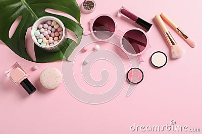 Flat lay composition with products for decorative makeup on pastel pink Stock Photo