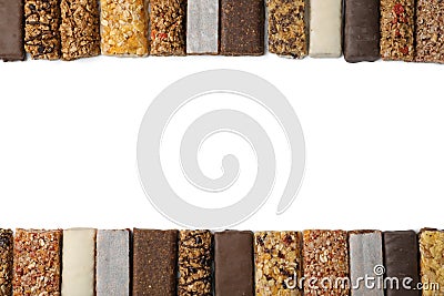 Flat lay composition with protein bars on white background. Stock Photo