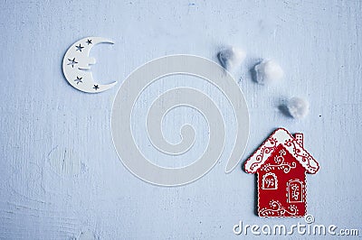 Flat lay composition of the red house toy with chimney and whit Stock Photo