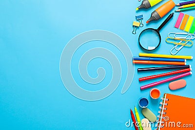 Flat lay composition with school supplies on color background Stock Photo