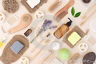 Flat lay composition with self-care products and herbal cosmetics for bodycare and skin care. Natural bath accessories bundle Stock Photo