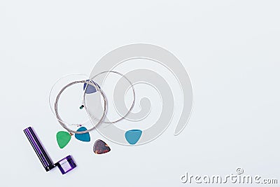 Flat lay composition set of items to replace guitar strings Stock Photo