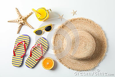 Flat lay composition with summer vacation accessories on white background, top view Stock Photo