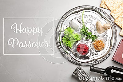 Flat lay composition with symbolic Passover Pesach items on color background Stock Photo