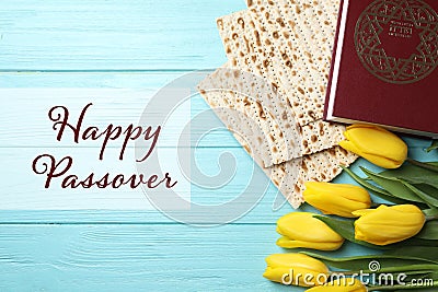 Flat lay composition of symbolic Pesach items on wooden background. Stock Photo