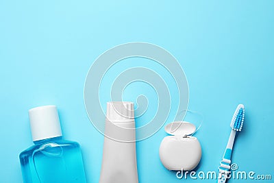 Flat lay composition with toothpaste, oral hygiene products and space for text Stock Photo