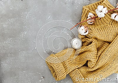 Flat lay composition with warm sweater and cotton. Blogger concept Stock Photo
