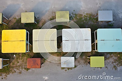 flat lay of a concrete picnic tables worn surface Stock Photo