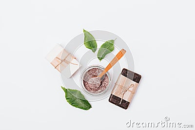 Flat lay cosmetic coffee body scrub Stock Photo