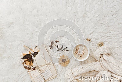 Flat lay cozy background with cup of coffee, Stock Photo