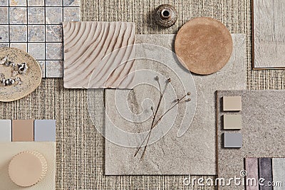 Flat lay of creative design of beige architect moodboard composition with samples of building, neutral textile. Stock Photo