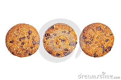 Flat lay delicious homemade crunchy oatmeal biscuits with chocolate chips Stock Photo