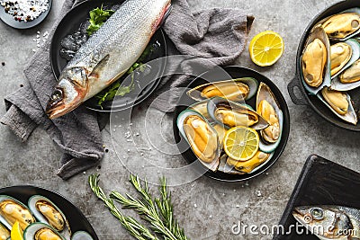 flat lay delicious seafood composition. High quality photo Stock Photo