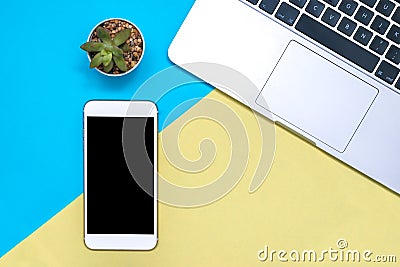 Flat lay design with blank on smart phone. Device laptop and plant on a yellow and blue background. Minimalist concept Editorial Stock Photo