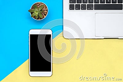 Flat lay design with blank on smart phone. Device laptop and plant on a yellow and blue background. Minimalist concept Editorial Stock Photo