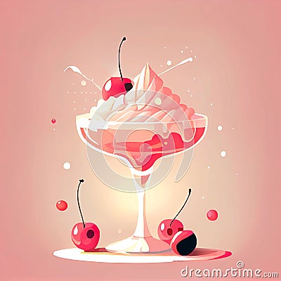 Flat lay design of cute Pink Lady Cocktail with cherry on top. Cartoon Illustration