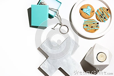 Flat lay desktop objects in white marbe and aqua Stock Photo