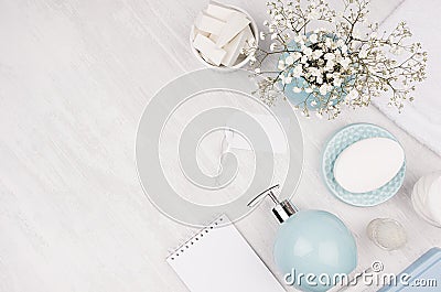 Flat lay of different cosmetics products and accessories of silver, pastel blue and white color with small flowers on white wooden Stock Photo