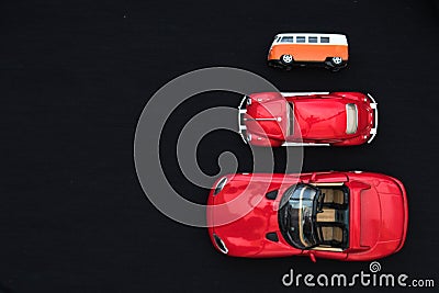 Flat lay of toy cars in various colors Stock Photo