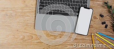 Flat lay, Electronic device and copy space concept, laptop keyboard, smartphone Cartoon Illustration